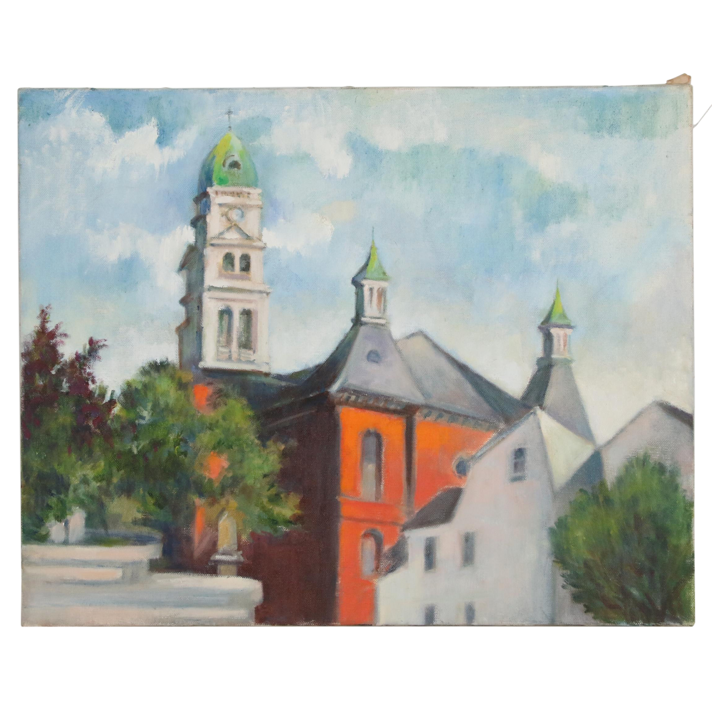 Jacques Zuccaire Oil Painting of Church Building, 20th Century EBTH