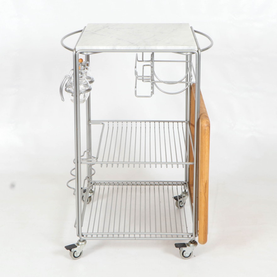 Marble Top and Brushed Silver Tone Serving Cart on Wheels