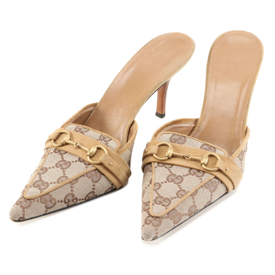 Gucci GG Canvas, Leather and Horsebit Accented Mules