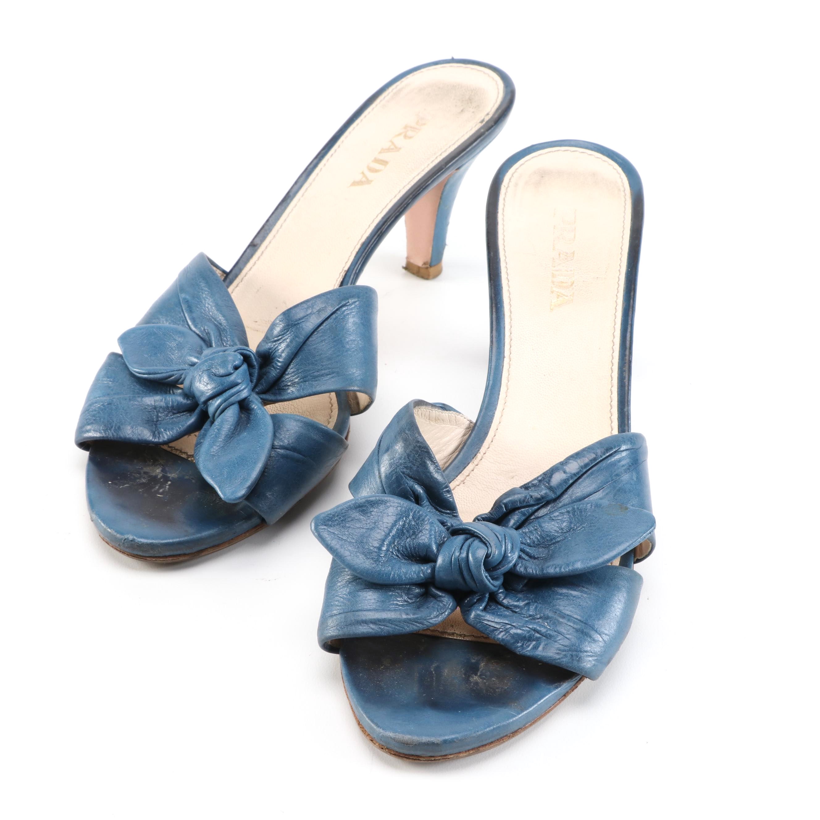 Prada Blue Leather High-Heeled Bow Mule Sandals