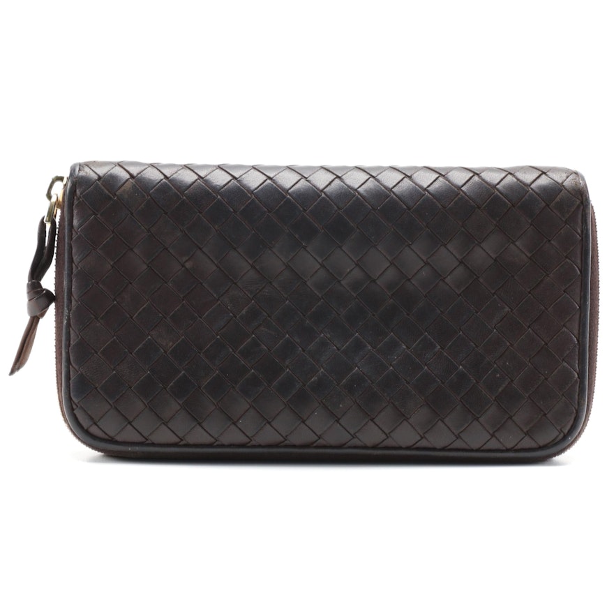 Bottega Veneta Dark Brown Intrecciato Leather Zipper Wallet