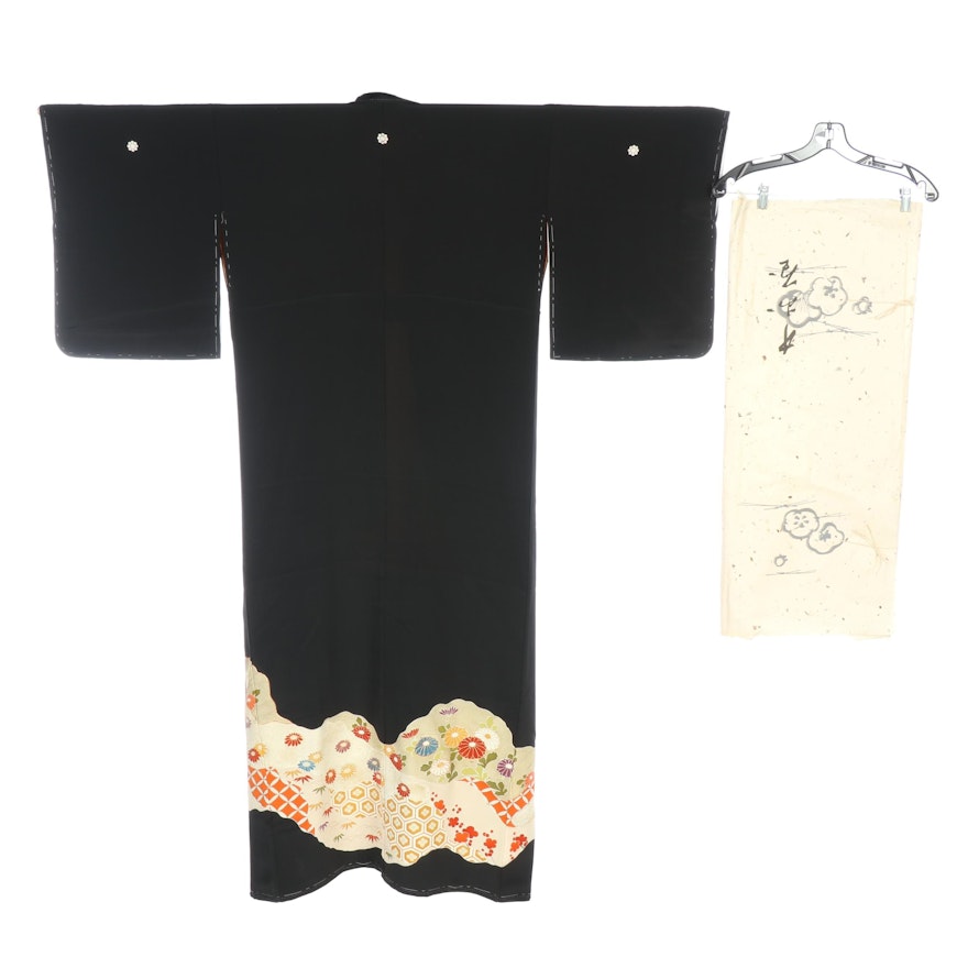 Maple Leaf and Chrysanthemum Five Mon Kurotomesode Kimono with Tatoshi Paper