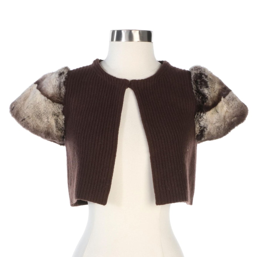 Rex Rabbit Fur Trimmed Ribbed Brown Cashmere Knit Vest from Neiman Marcus