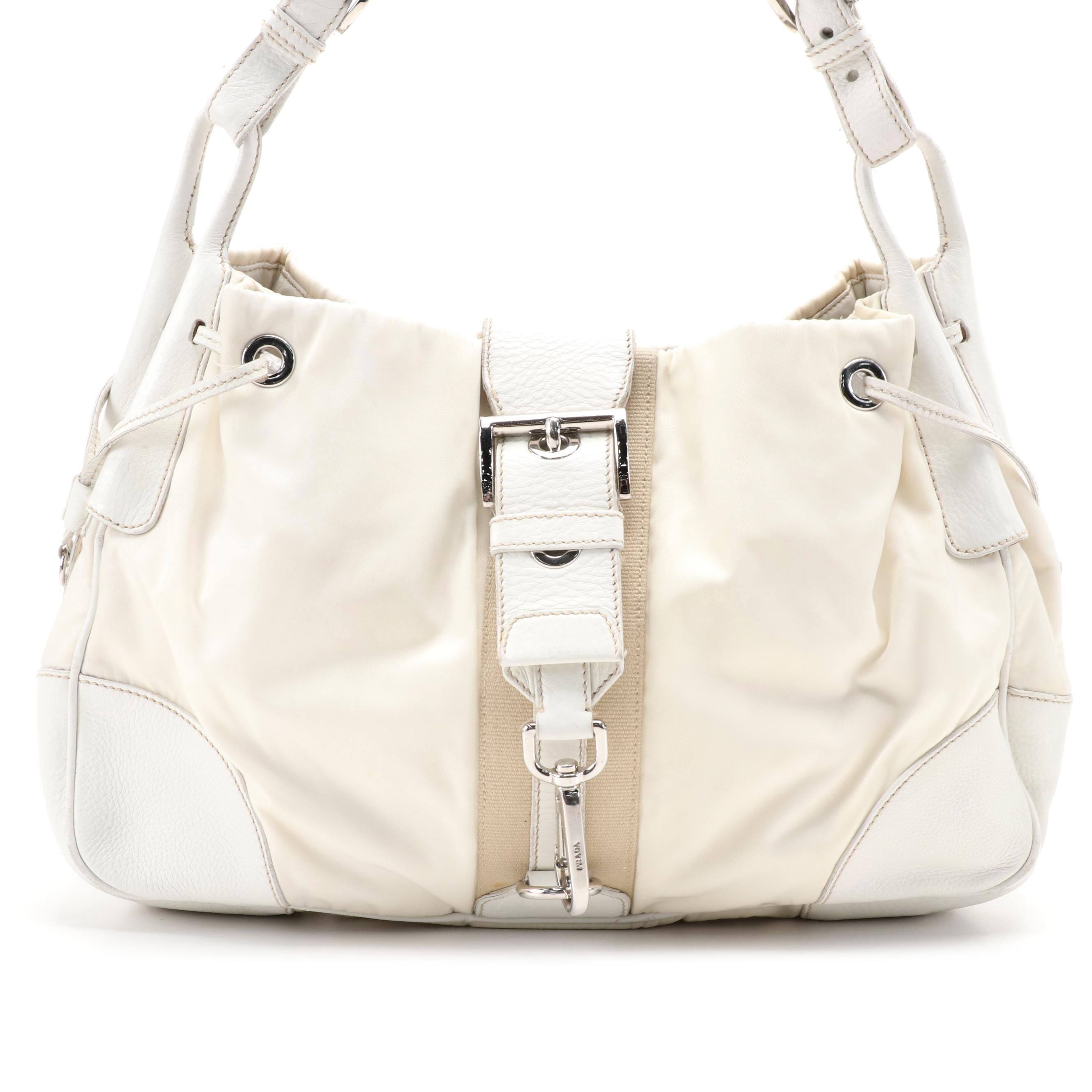 Prada Ivory Nylon and White Leather Trimmed Web Stripe Shoulder Bag