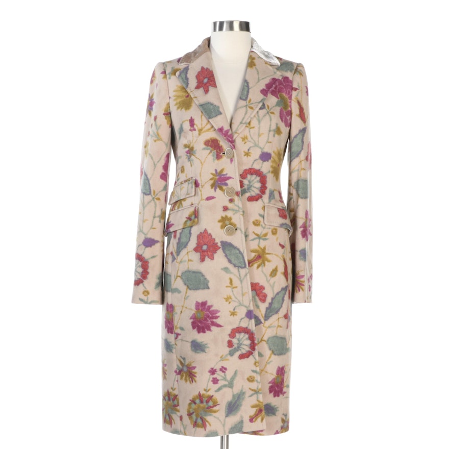 ETRO Floral Graphic Tan Wool Button-Front Coat with Velvet Trimmed Collar