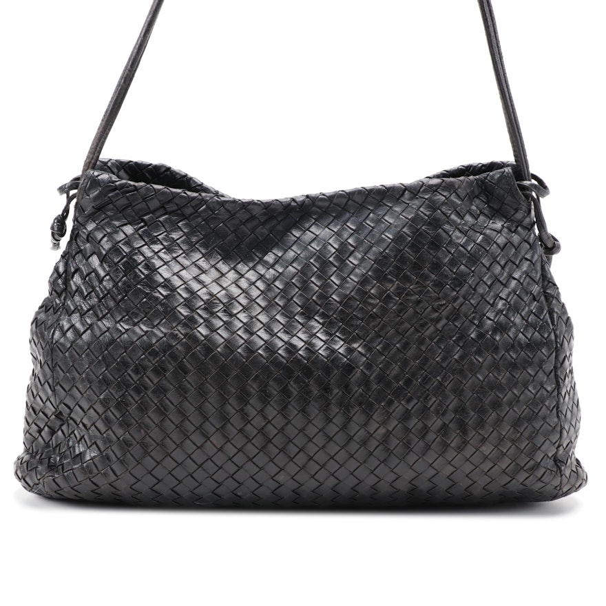 Bottega Veneta Black Intrecciato Woven Lambskin Leather Shoulder Bag, Vintage