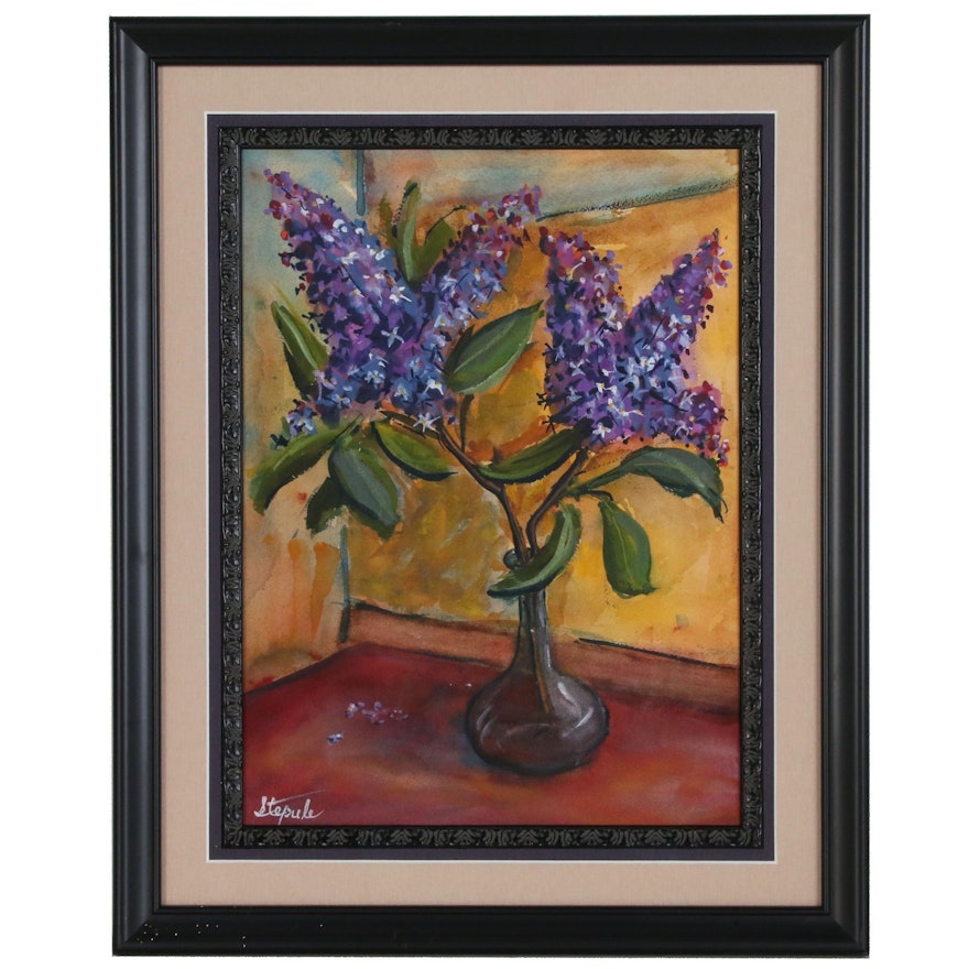 Charles Stepule Watercolor Still Life Painting with Lilacs, Mid 20th Century