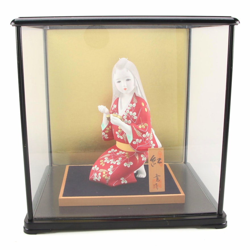 Porcelain Bisque Hakata Doll in Glass Presentation Case