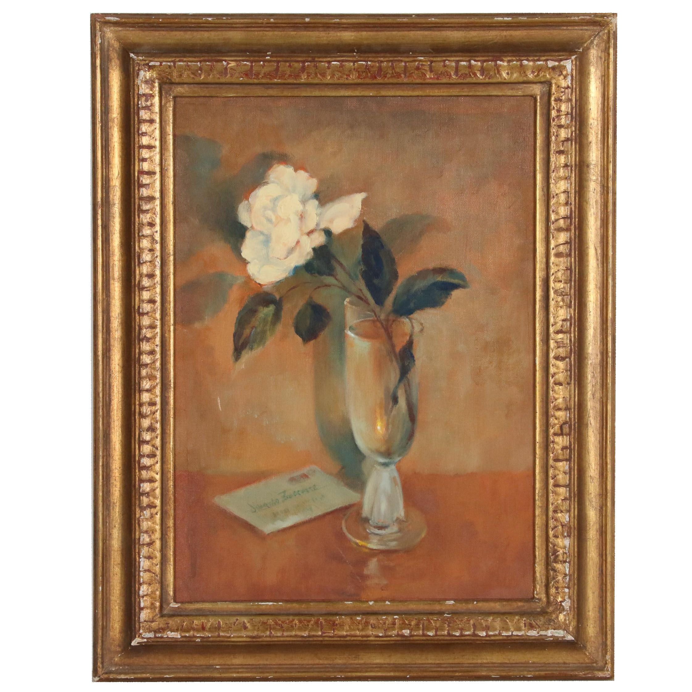 Jacques Zuccaire Still Life Oil Painting of White Carnation, 20th Century