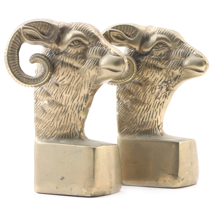 Pair of Taiwanese Brass Ram Bookends, Mid to Late 20th Century