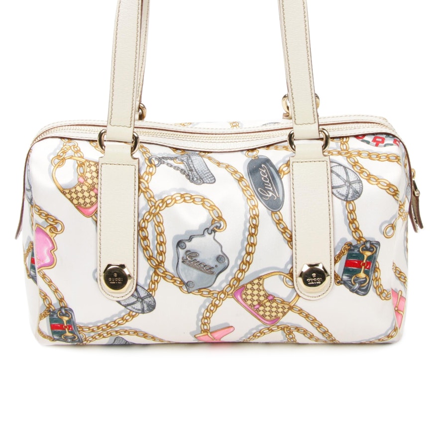 Gucci Charm Chain Satin and Off-White Leather Shoulder Bag