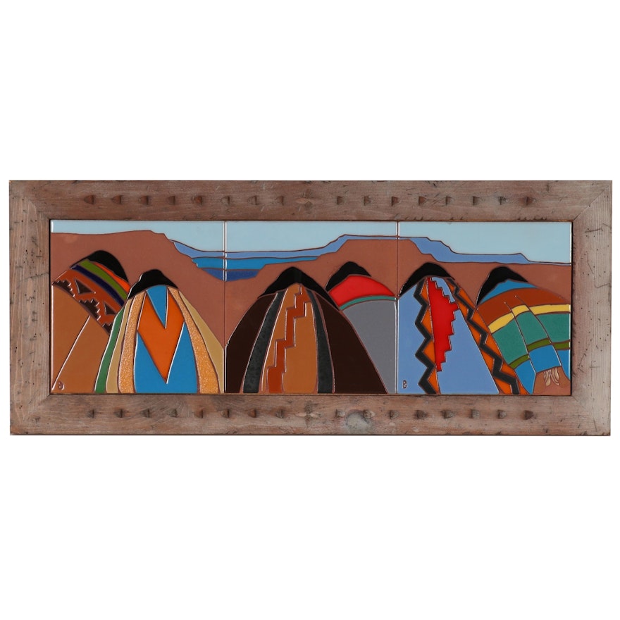Southwestern Glazed Ceramic Tile Wall-Hanging of Native Americans in Landscape
