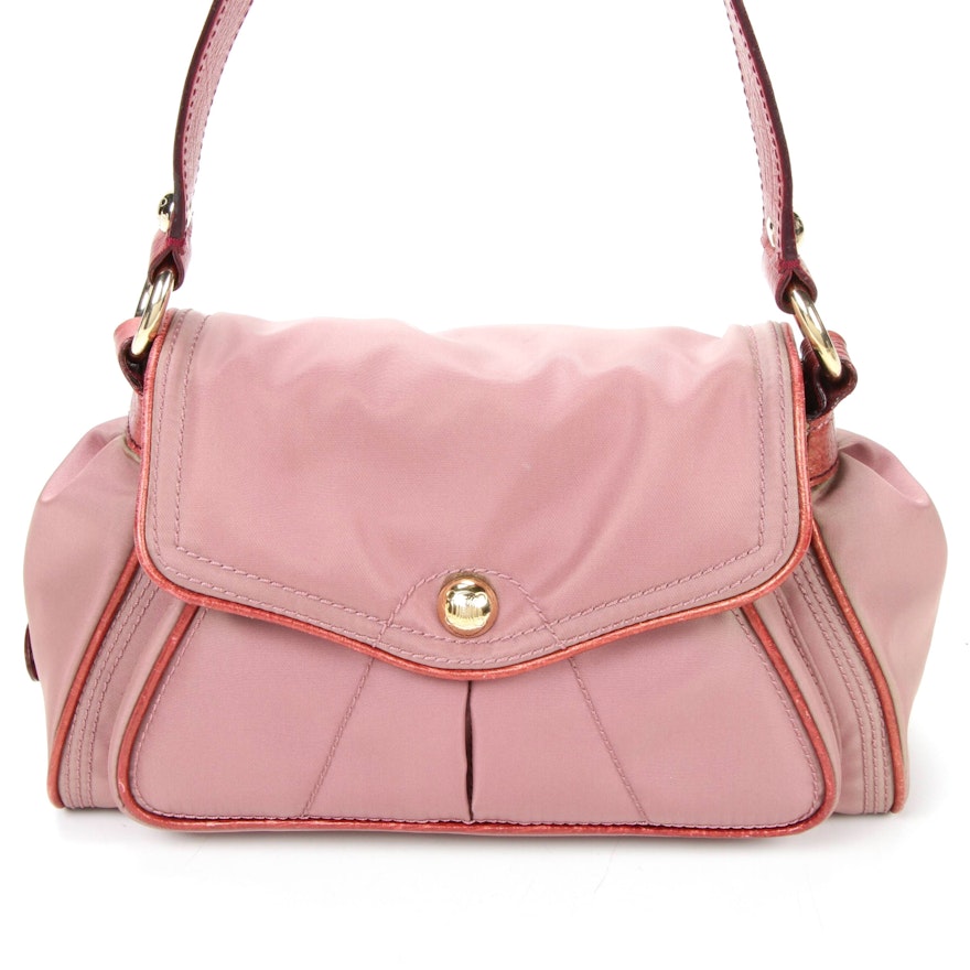 Celine Flap Front Shoulder Bag in Rose Nylon and Leather