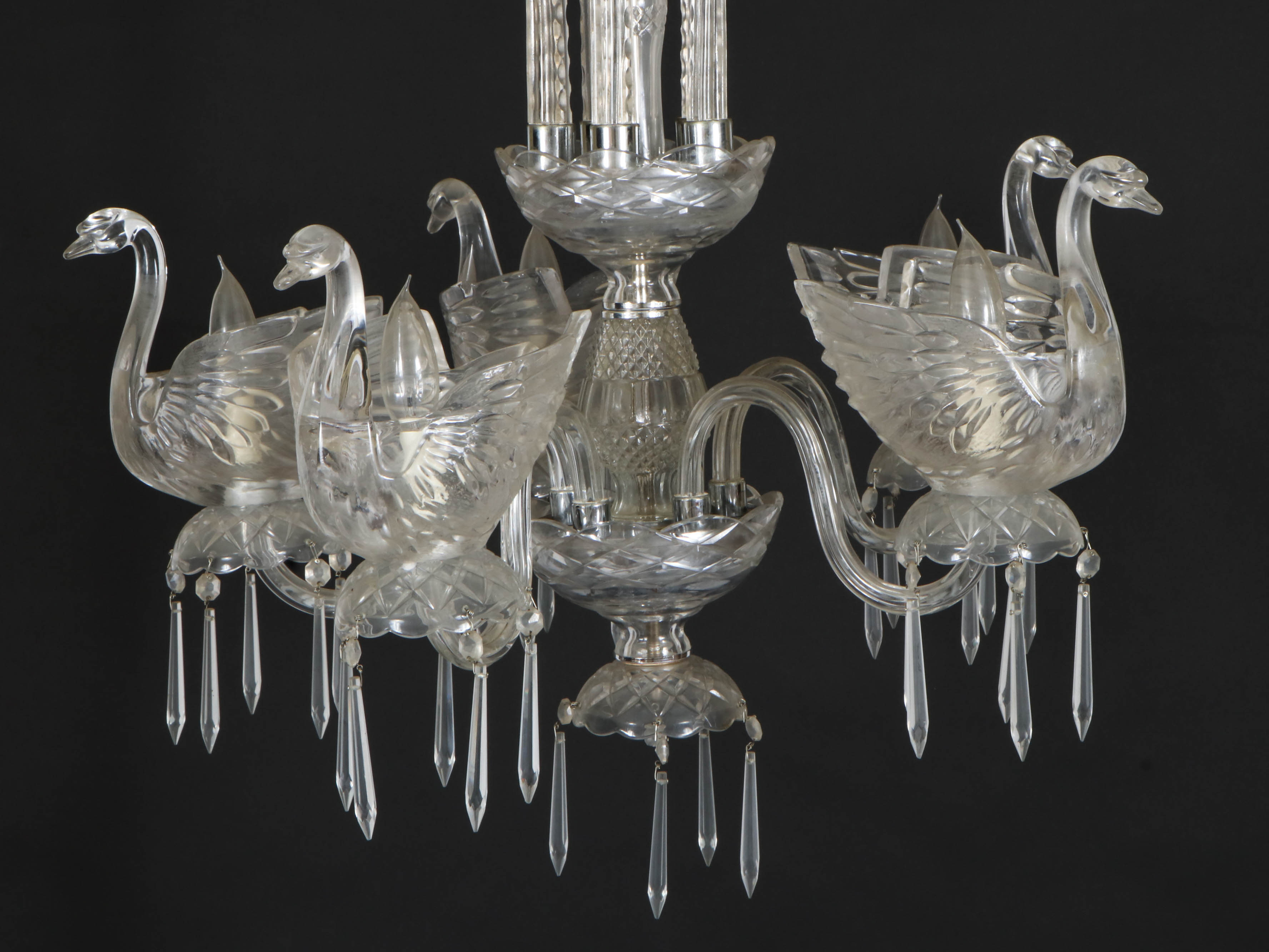Hollywood Regency Style Crystal and Glass Swan Chandelier, Mid-20th Century