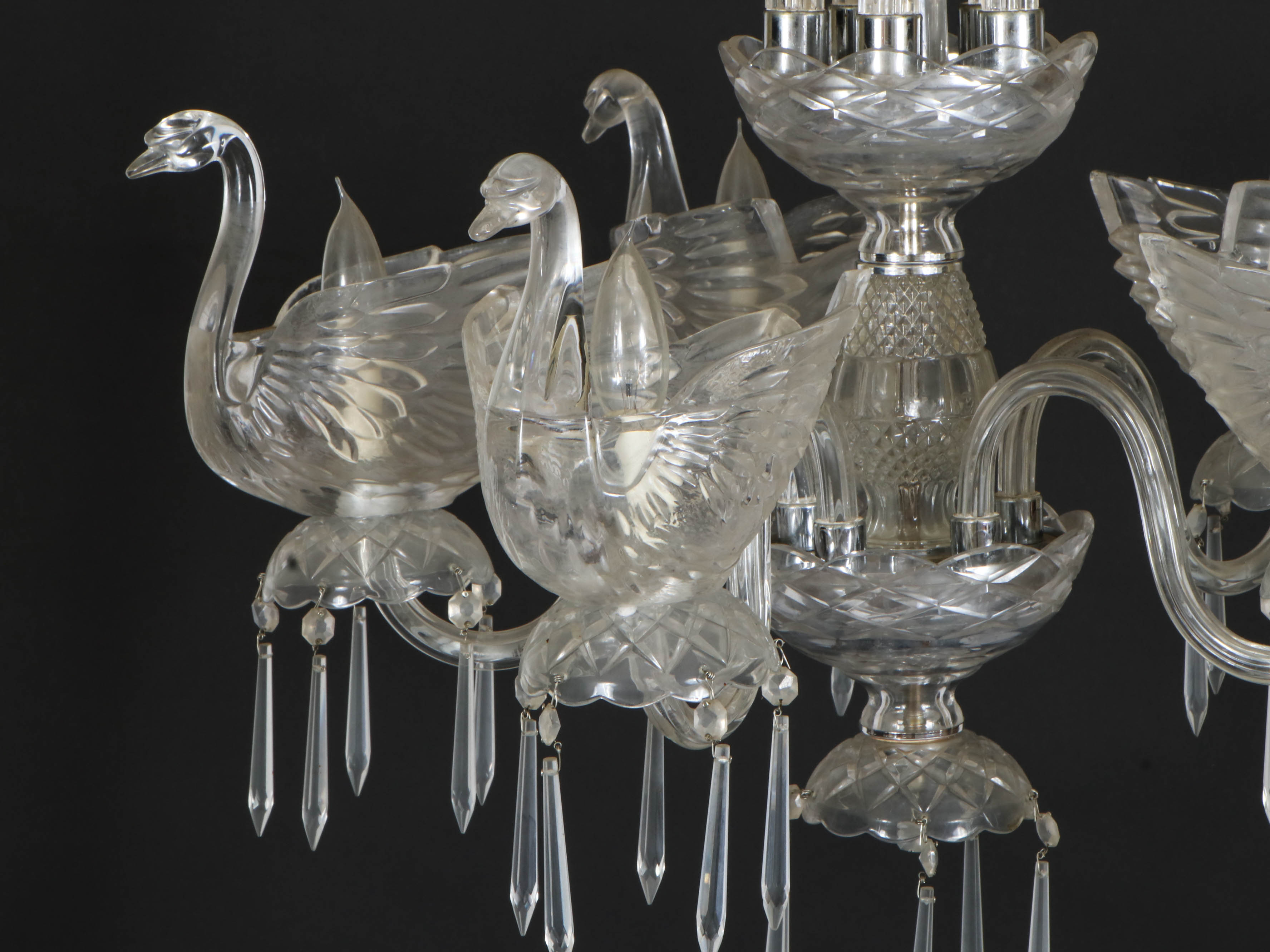 Hollywood Regency Style Crystal and Glass Swan Chandelier, Mid-20th Century