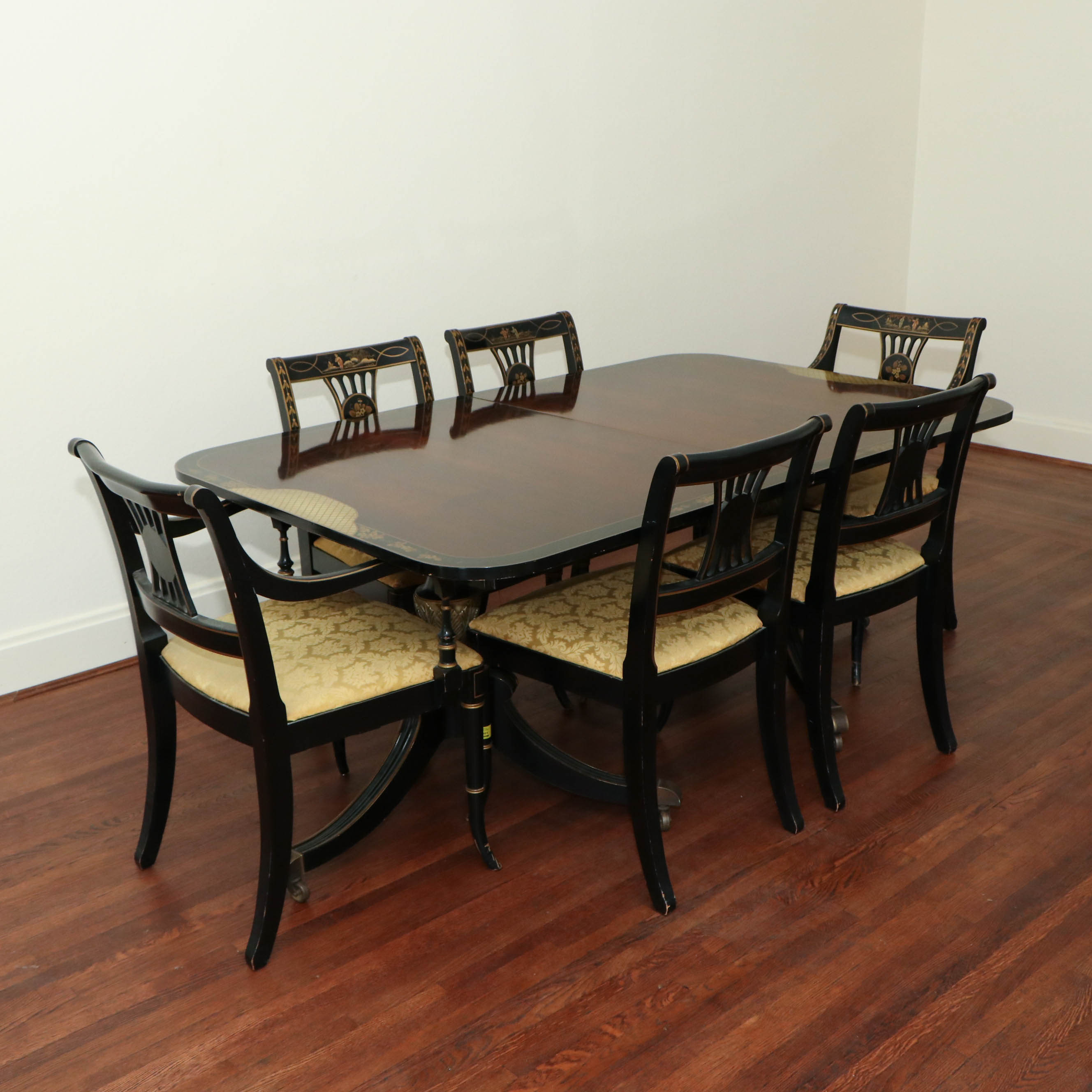 Drexel "Et Cetera" Rosewood and Ebonized Chinoiserie Dining Table and Chairs Set
