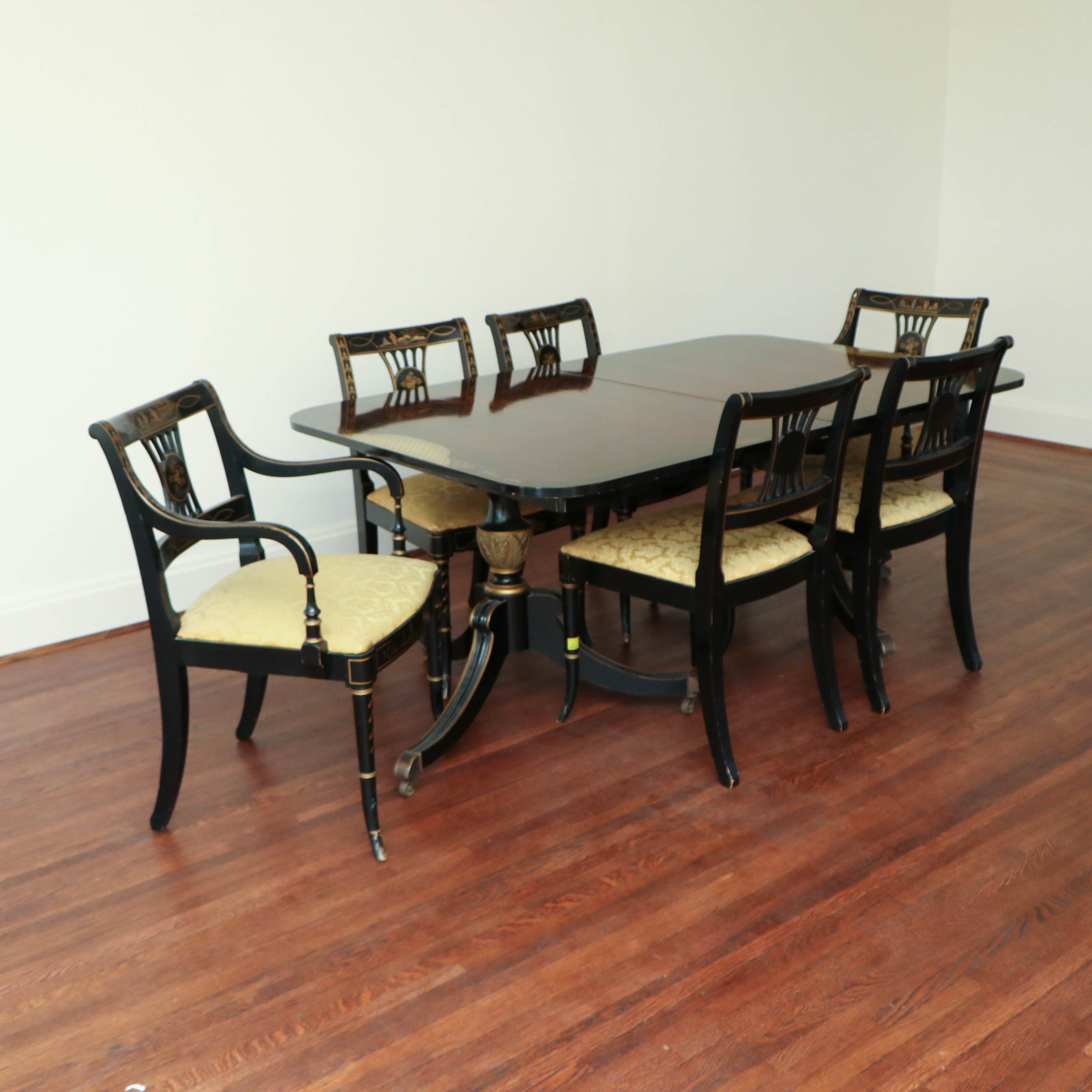 Drexel "Et Cetera" Rosewood and Ebonized Chinoiserie Dining Table and Chairs Set