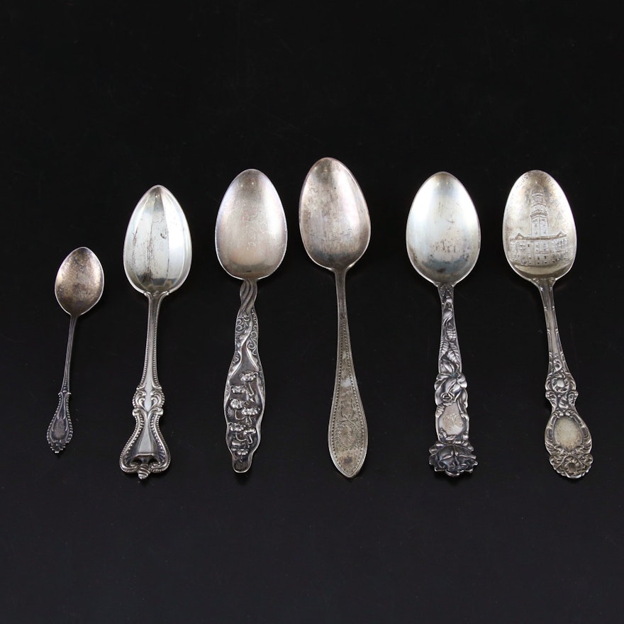 Sterling Silver Engraved and Souvenir Spoons with Embroidered Wrap