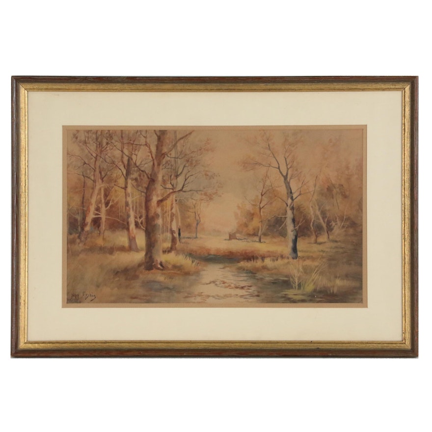 Late Autumn Landscape Watercolor Painting, Mid 20th Century
