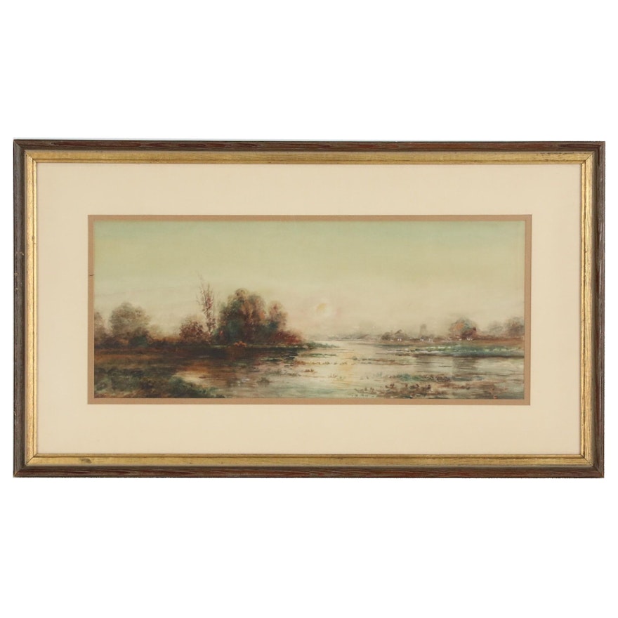 Sunset Landscape Watercolor Painting, Mid 20th Century