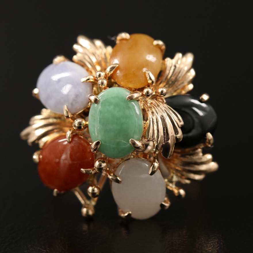 14K Various Colored Jadeite and Black Onyx Cluster Ring