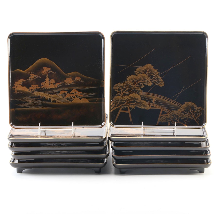 Japanese Maki-e Lacquer Plates with Storage Crate, Mid to Late 20th Century