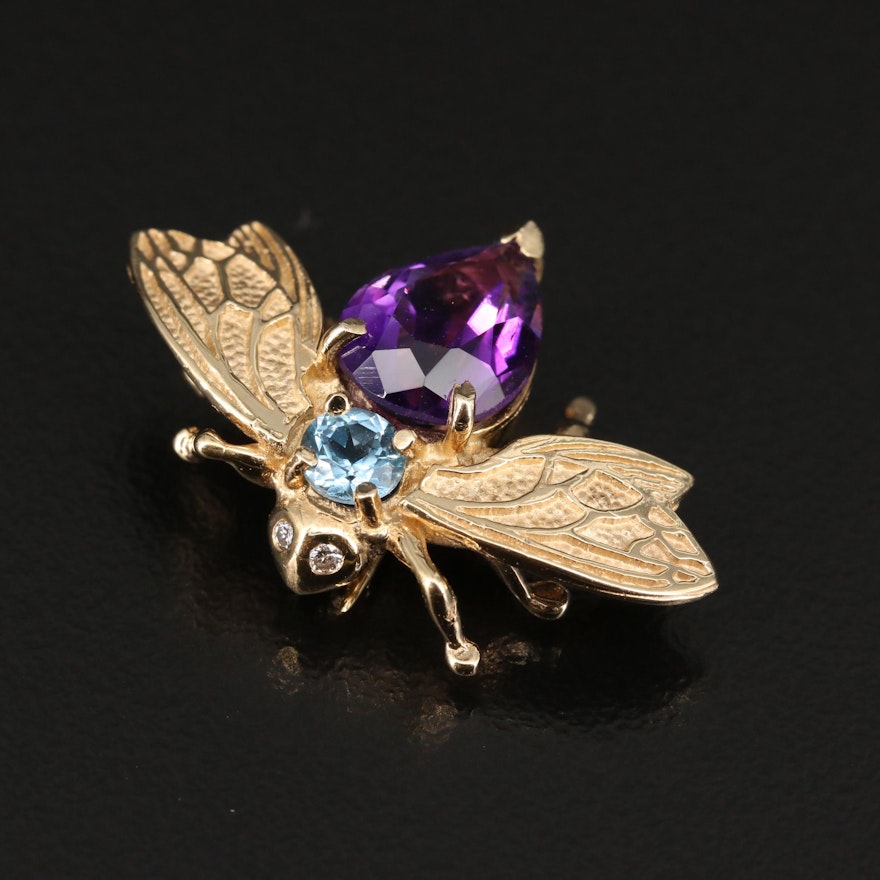 14K Amethyst, Topaz and Diamond Bee Brooch