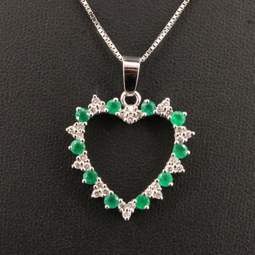 14K Emerald and Diamond Heart Pendant Necklace