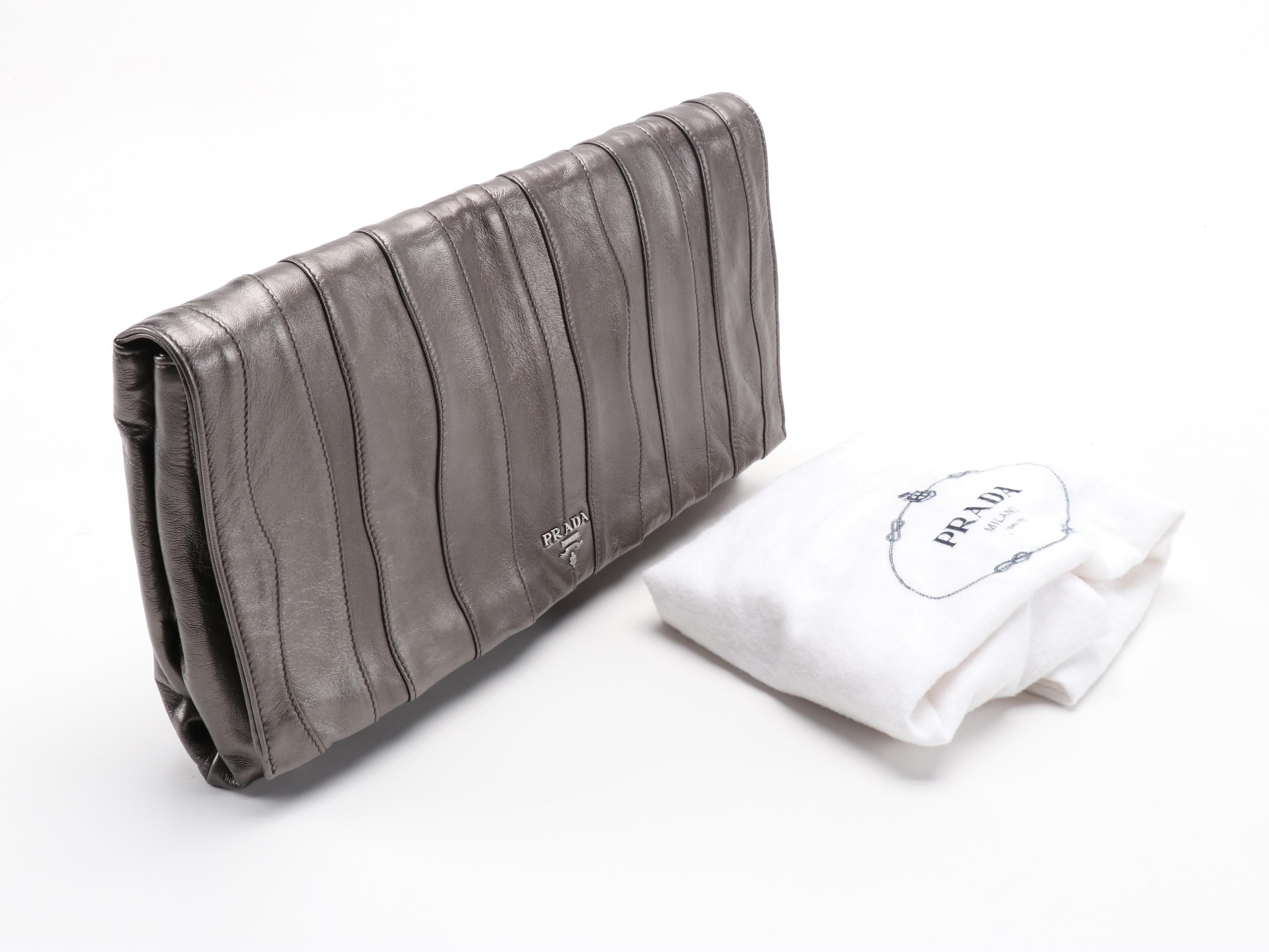 Prada Large Clutch in Gunmetal Mettalic Pieced Leather