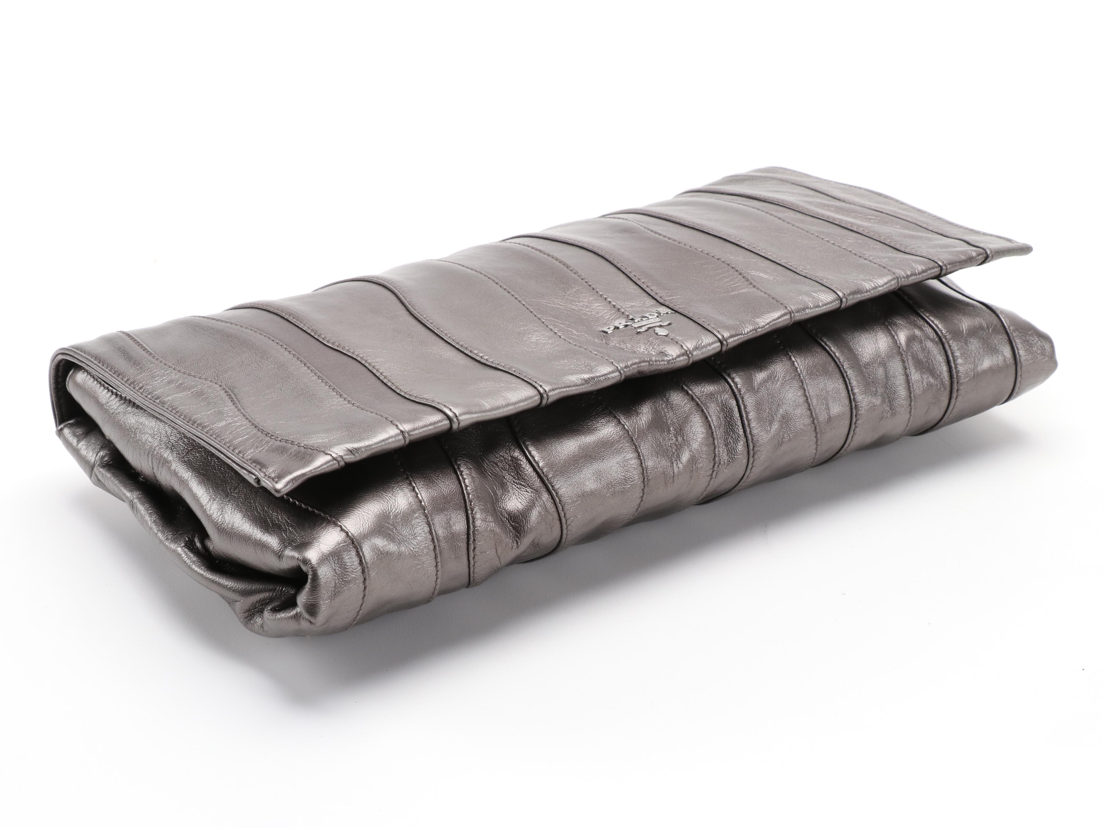 Prada Large Clutch in Gunmetal Mettalic Pieced Leather
