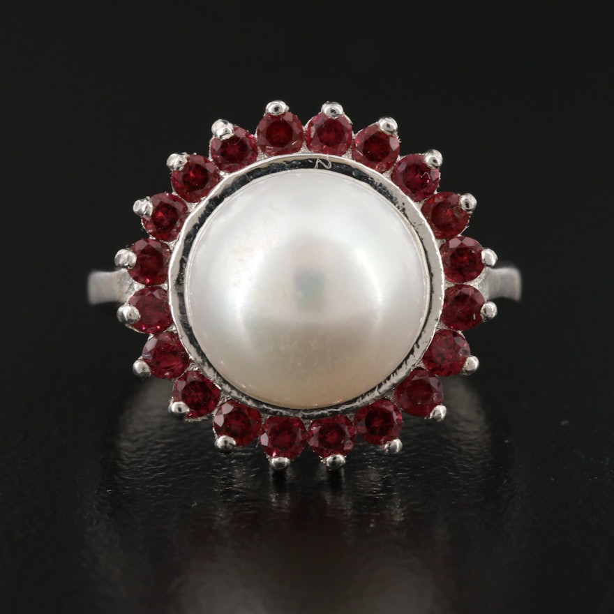 Sterling Silver Pearl and Garnet Ring
