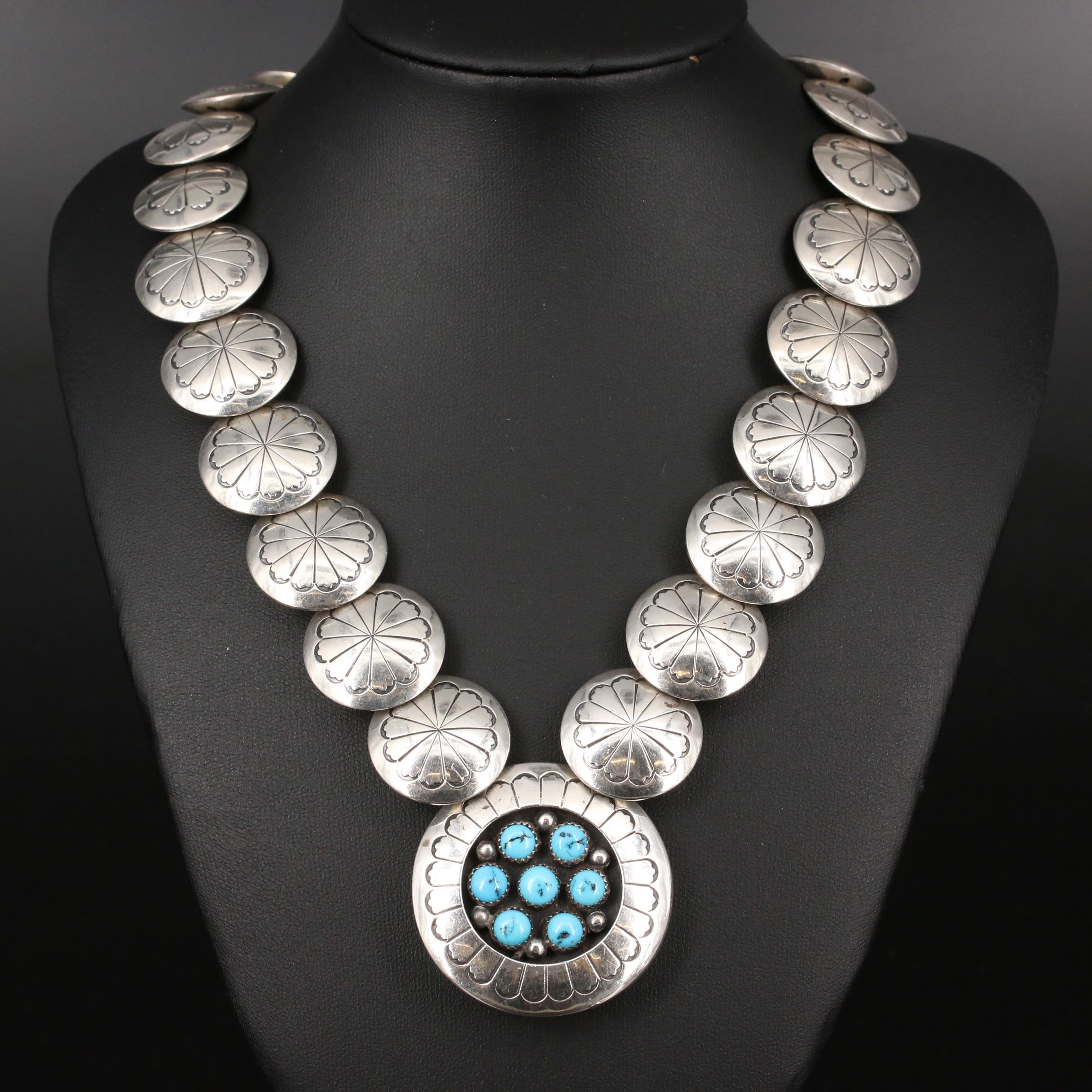 Western Sterling Silver Turquoise Shadowbox and Concho Bead Necklace