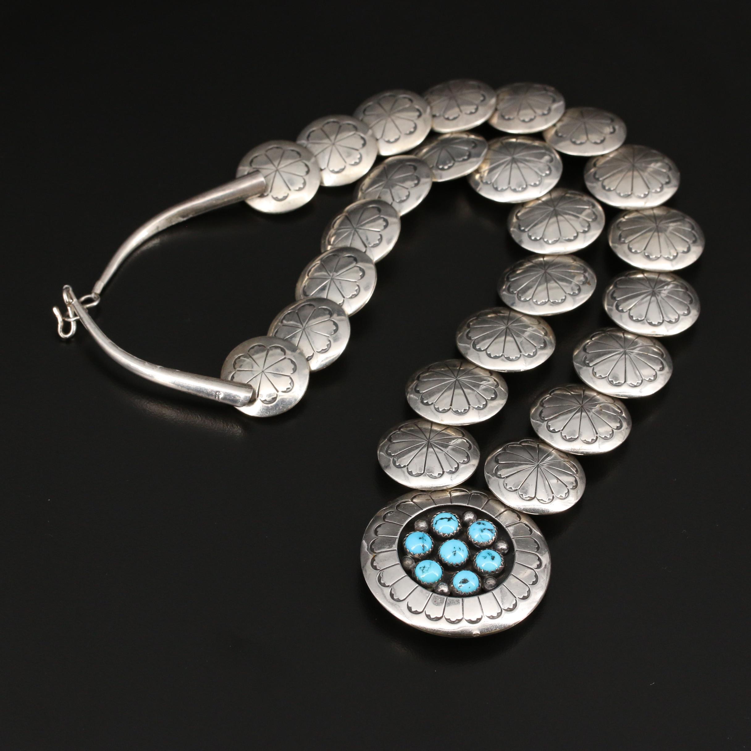 Western Sterling Silver Turquoise Shadowbox and Concho Bead Necklace