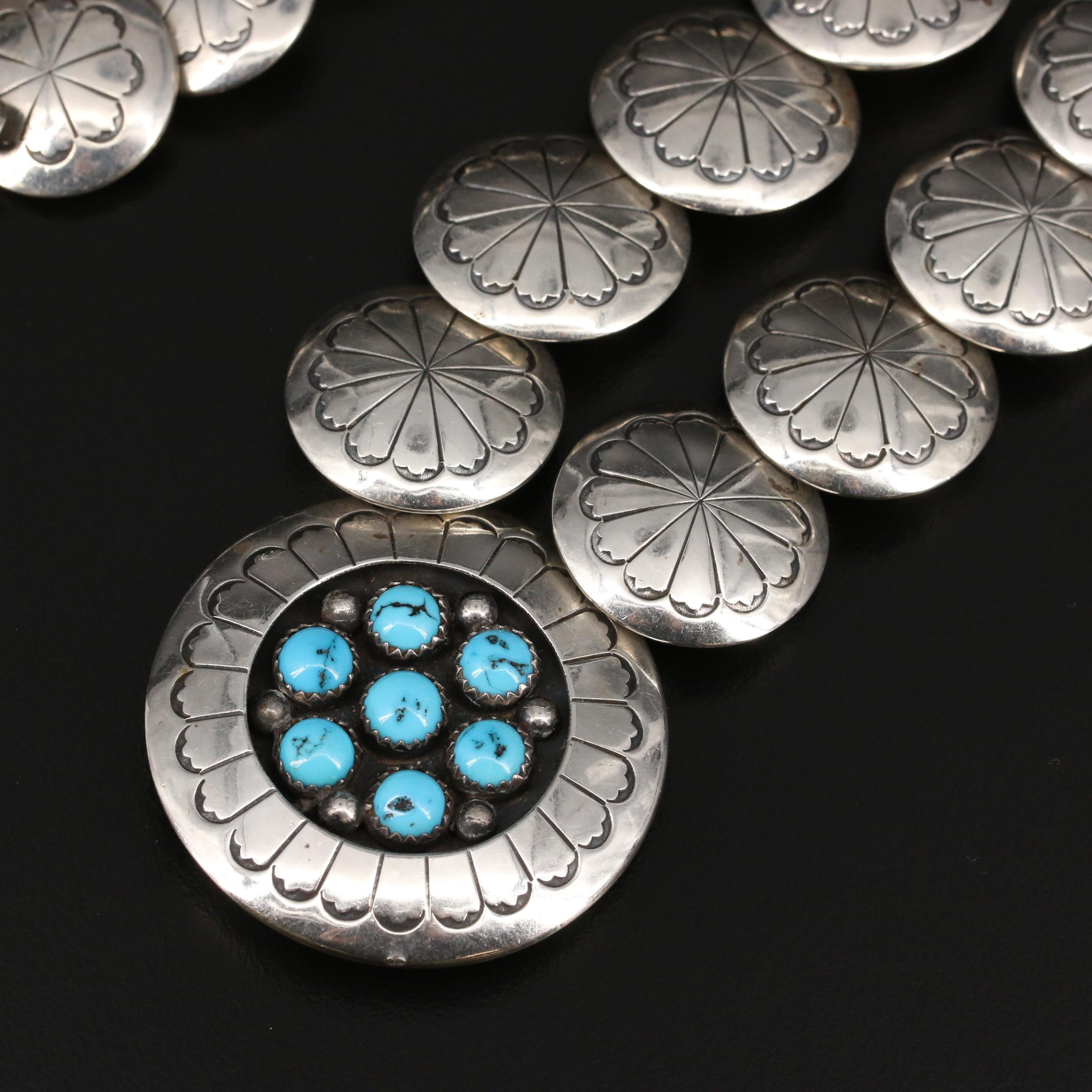 Western Sterling Silver Turquoise Shadowbox and Concho Bead Necklace