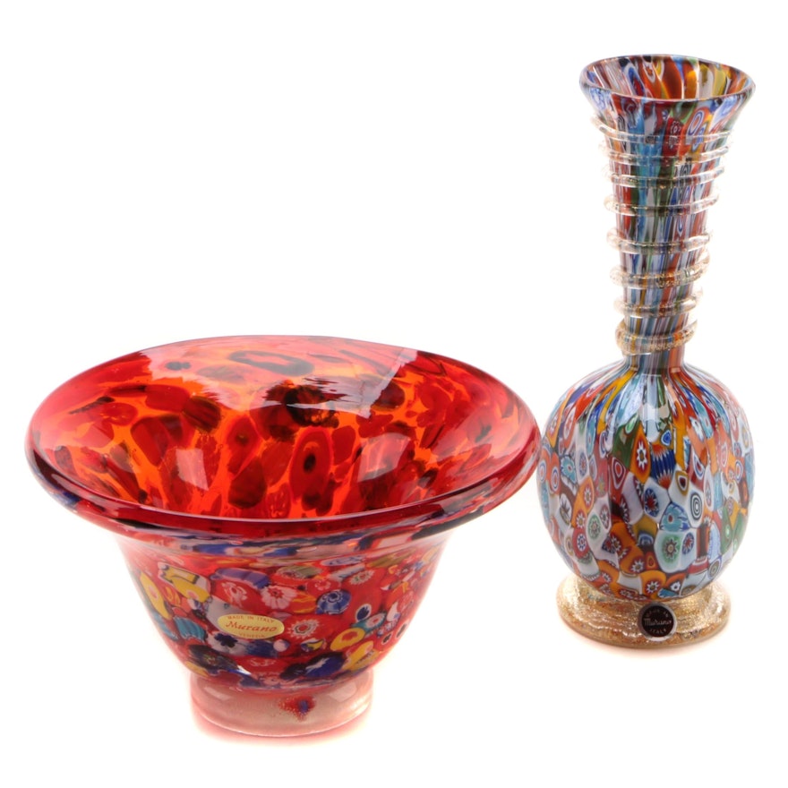 Murano Millefiori Art Glass Bowl and Vase