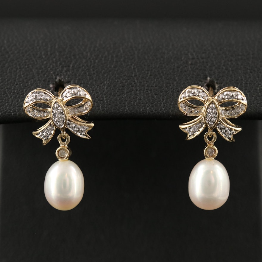 14K Pearl Drop Earrings with Diamond Accents