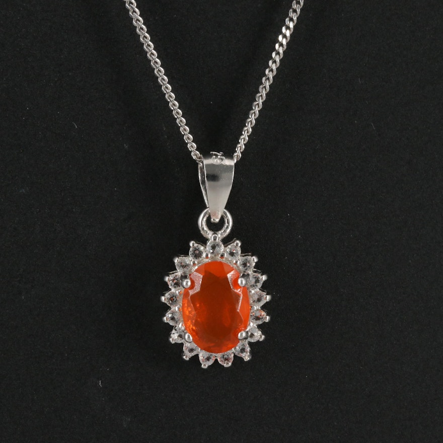 Sterling Silver  Fire Opal with Topaz Halo Pendant Necklace