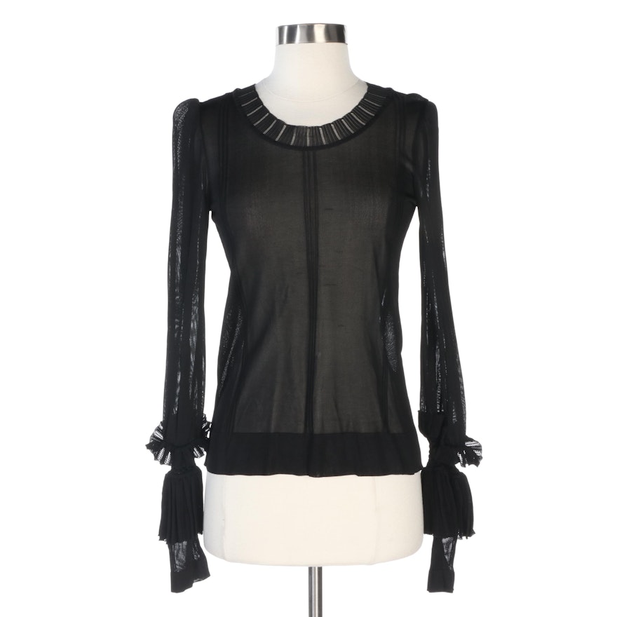 Chanel Sheer Black Knit Long-Sleeve Top with Tiered Cuff Ruffles
