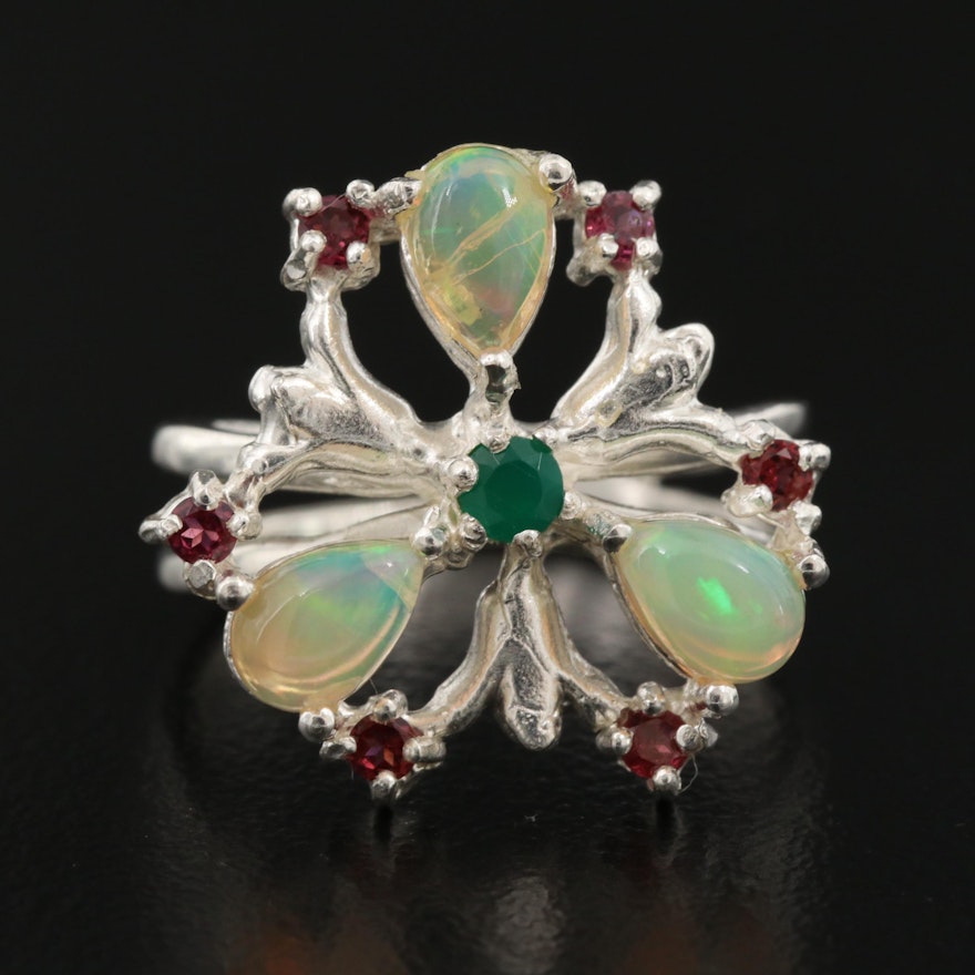 Sterling Silver Opal, Rhodolite Garnet and Chalcedony Butterfly Ring