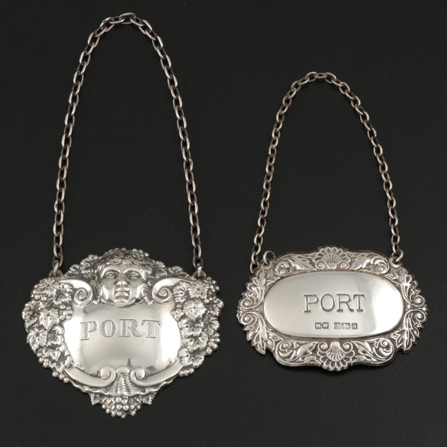 Sterling Silver "Port" Decanter Labels Including Turner & Simpson