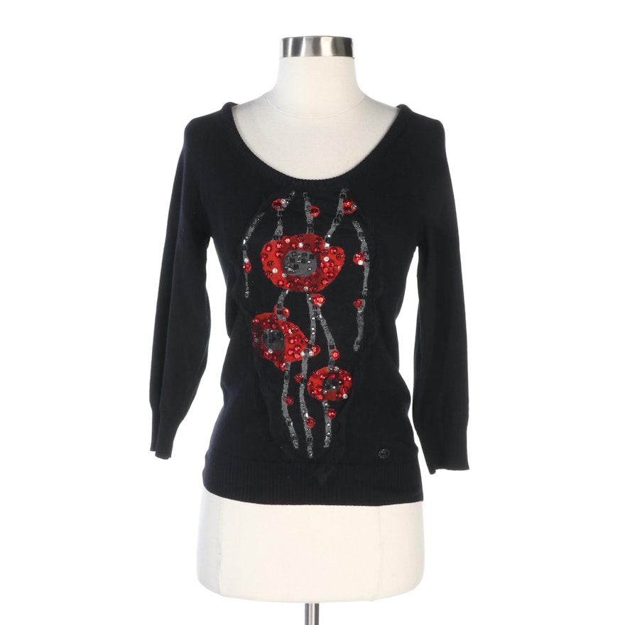 Chanel Black Cashmere Sweater with Embellished Silk Appliqué