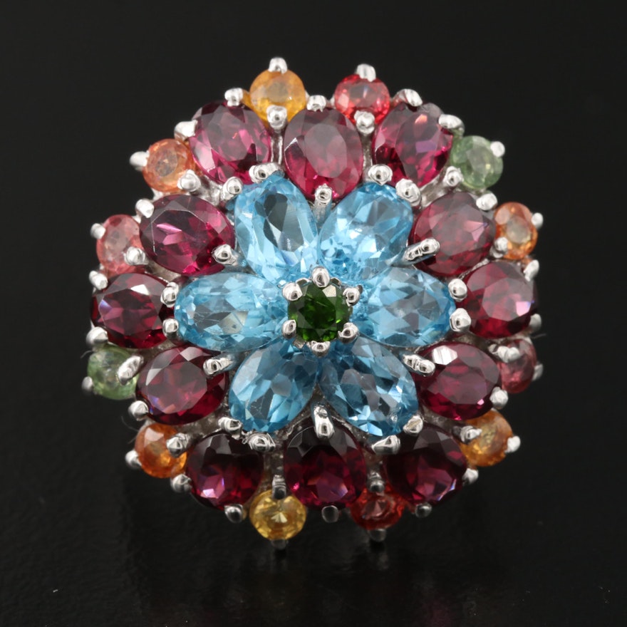 Sterling Silver Topaz, Rhodolite Garnet and Sapphire Floral Cluster Ring