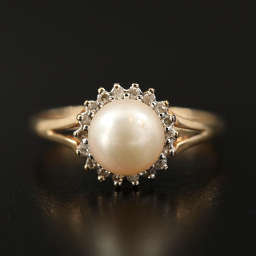 14K Pearl and Diamond Halo Ring