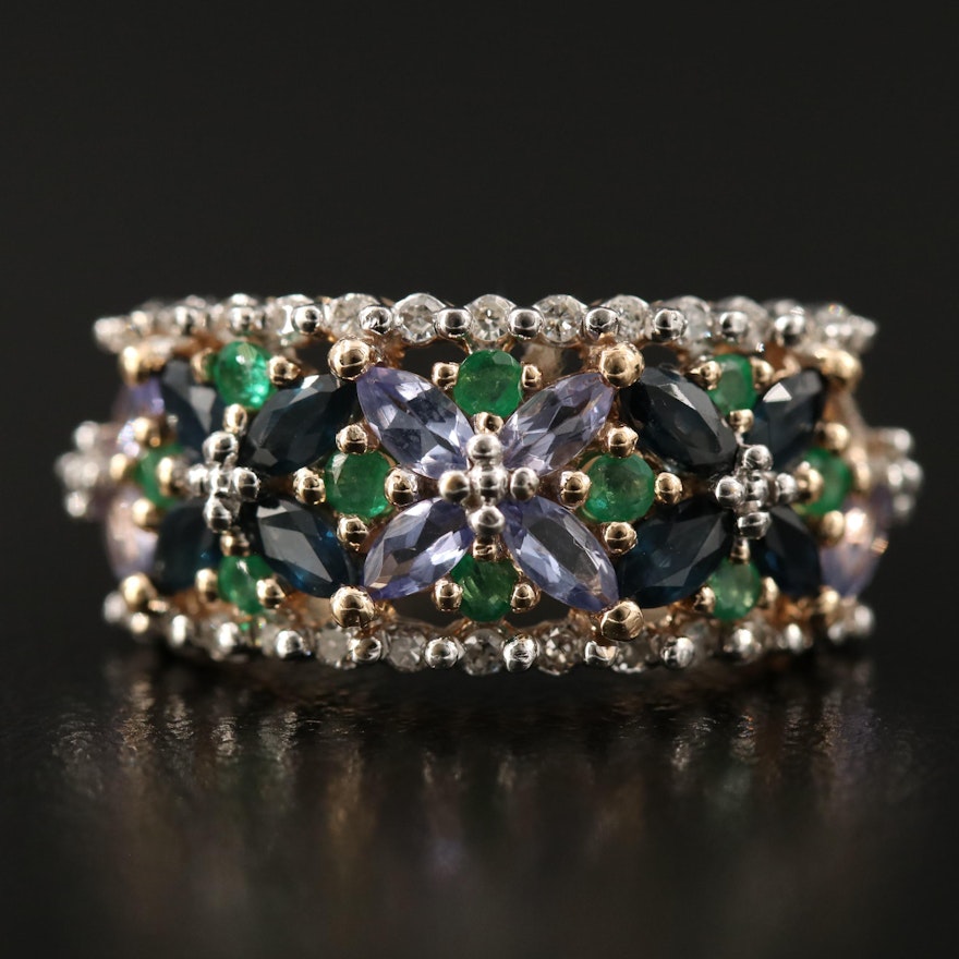 14K Sapphire, Tanzanite, Emerald and Diamond Floral Ring