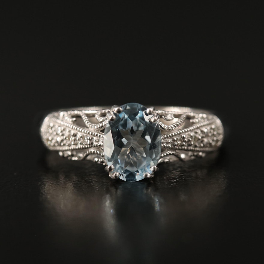 10K Aquamarine and Diamond Filigree Ring