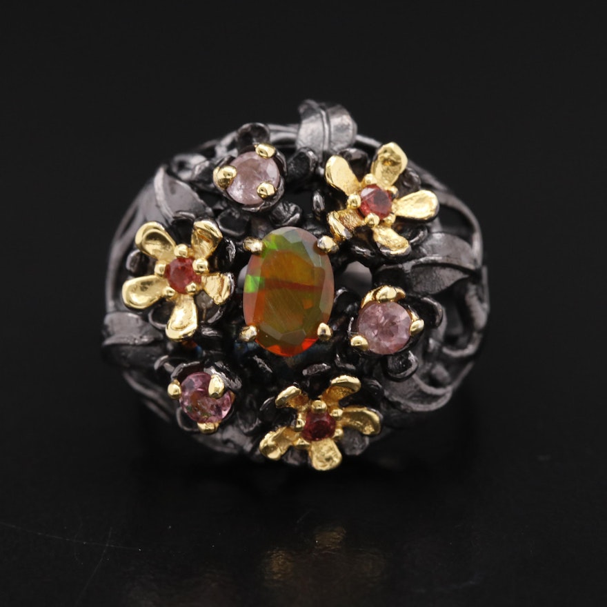 Sterling Silver Floral Design Ring with Opal, Tourmaline and Garnet
