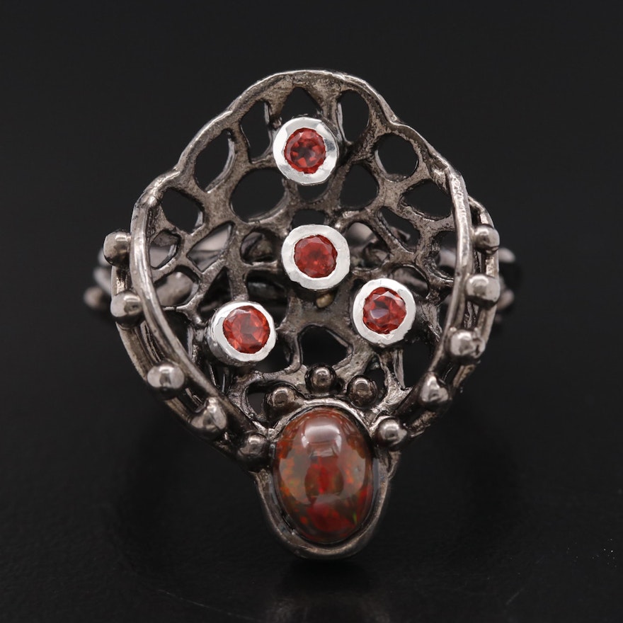 Sterling Silver Opal and Garnet Ring Featuring Organic Design