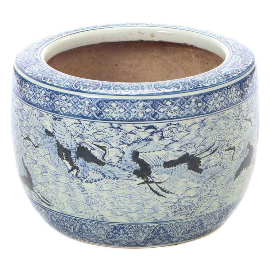 Japanese Crane Blue and White Ceramic Hibachi, Early to Mid 20th Century