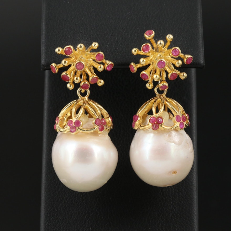Sterling Silver Baroque Pearl and Ruby Drop Earrings