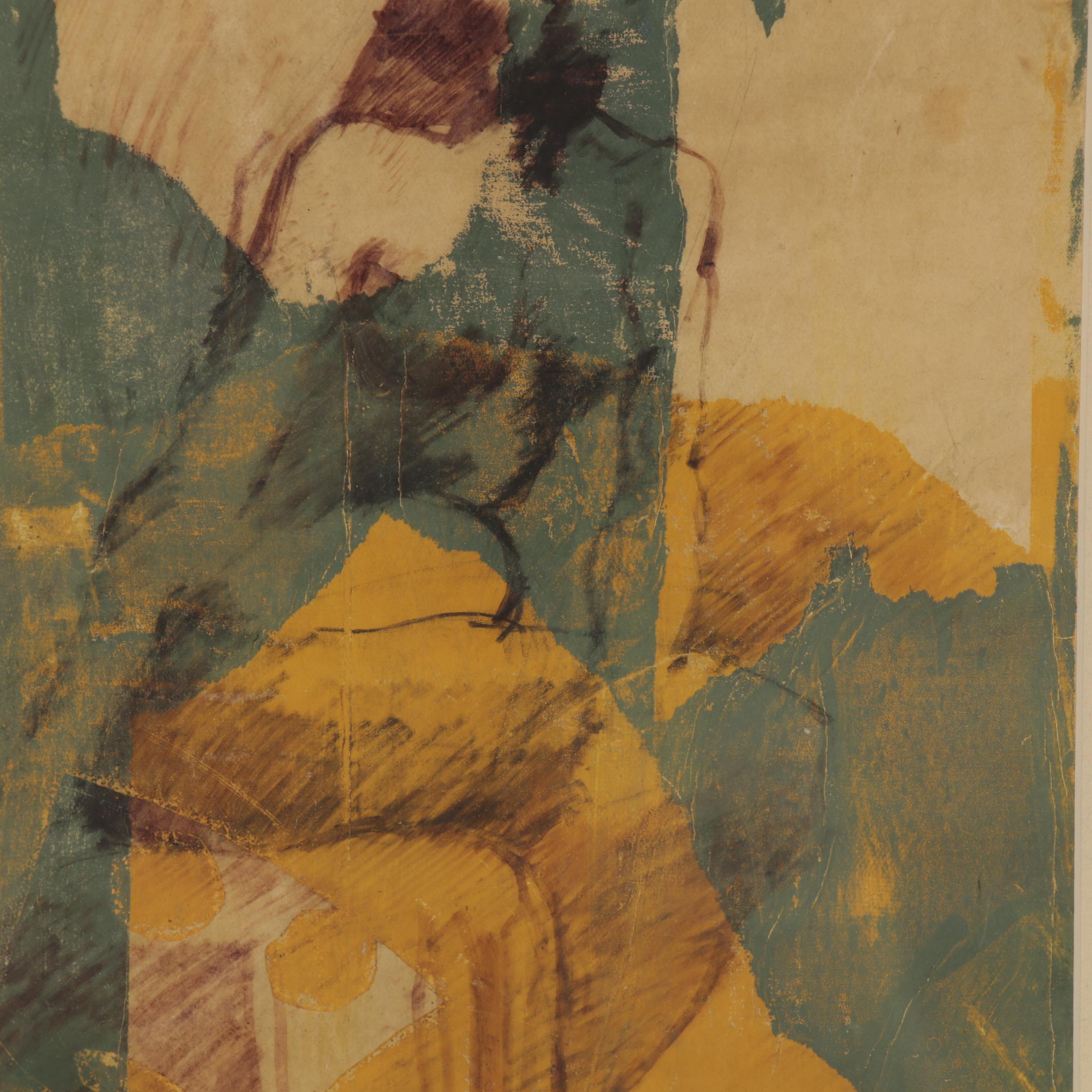 Female Nude Abstract Gouache Painting Attributed to Cynthia Hecht, Circa 1959